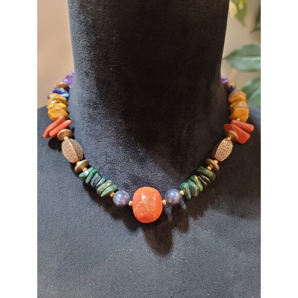 Women's Multicolor Gemstone Beaded Necklace With Barrel Clasp Handmade Jewelry - Picture 1 of 6